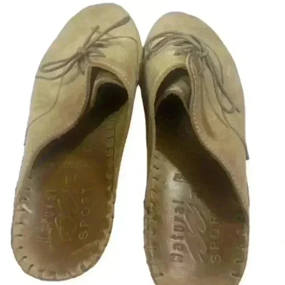 Natural Sport Italy Women's Mule Size 7 Wedge Heel Clog Tan Leather Lace Up Shoe - Picture 2 of 8